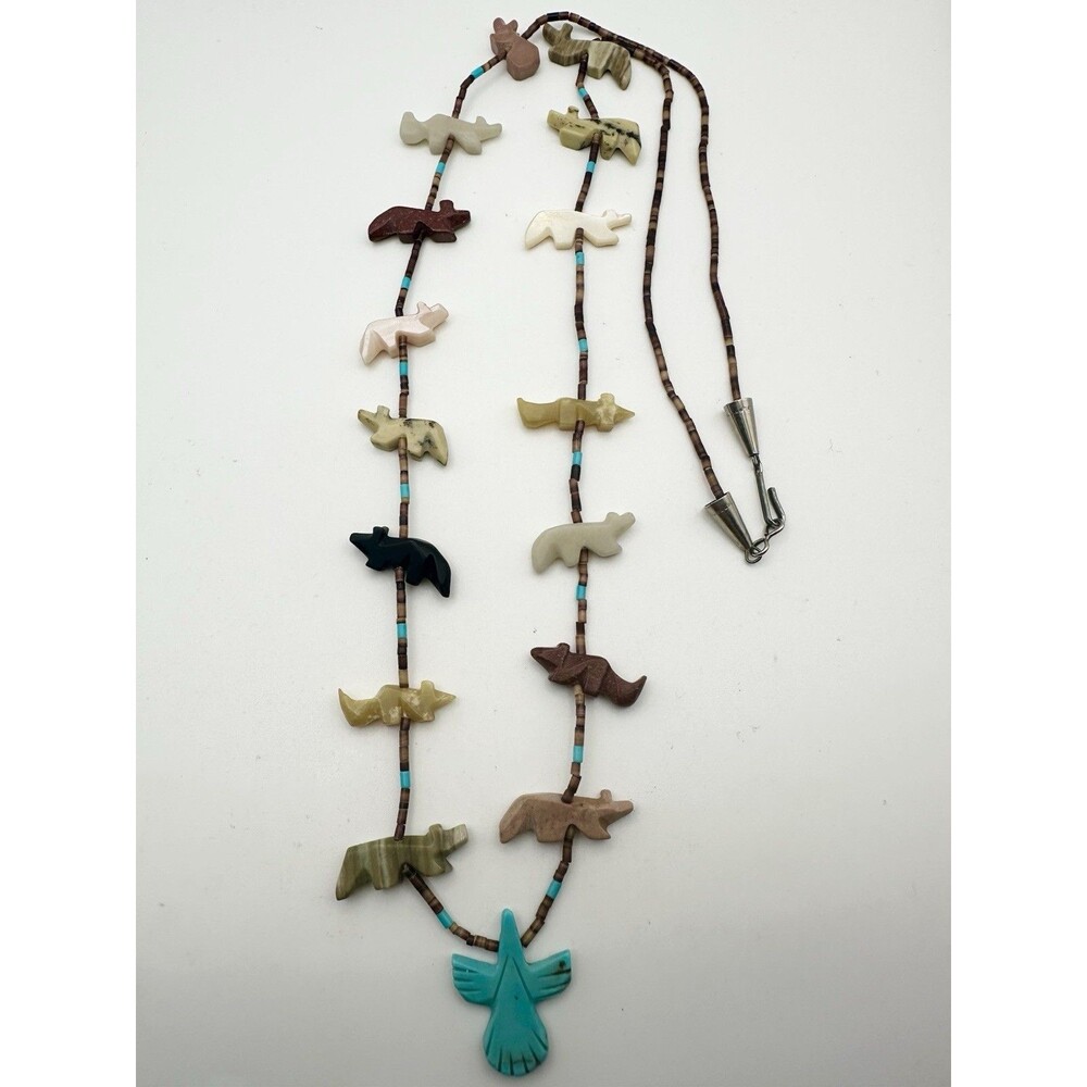 Vintage Zuni Native American Sterling Turquoise Carved Animals Fetish Necklace